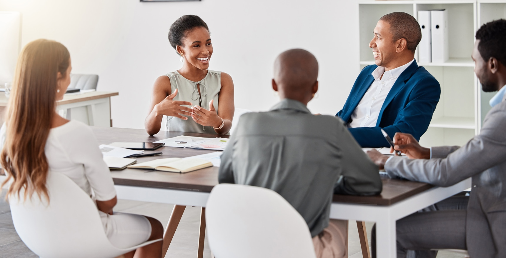 Training session with a woman at a company in a conference room for growth and development.